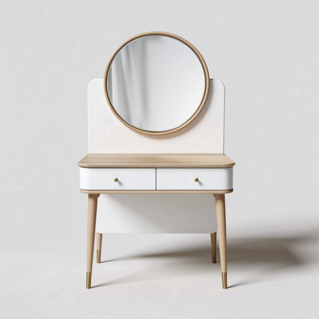 Wooden vanity table with round mirror and two storage drawers 80 x 40 x 150cm