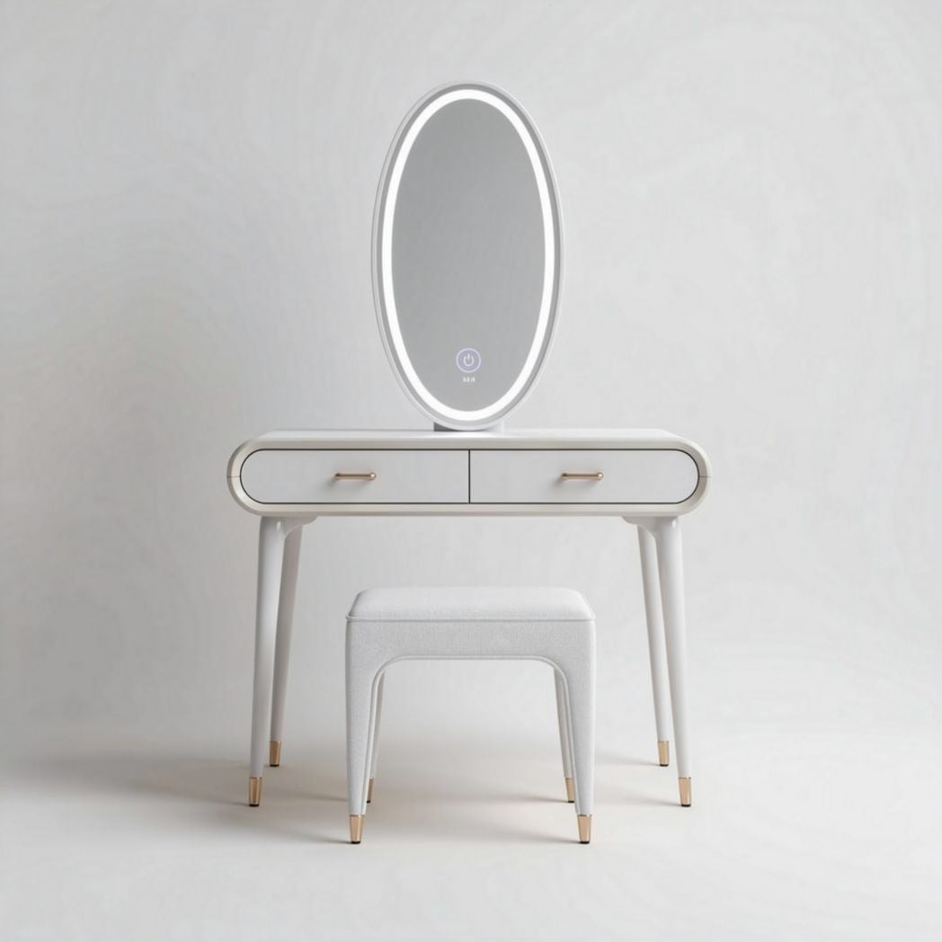 White vanity desk with oval mirror and storage drawers 80 x 40 x 150cm