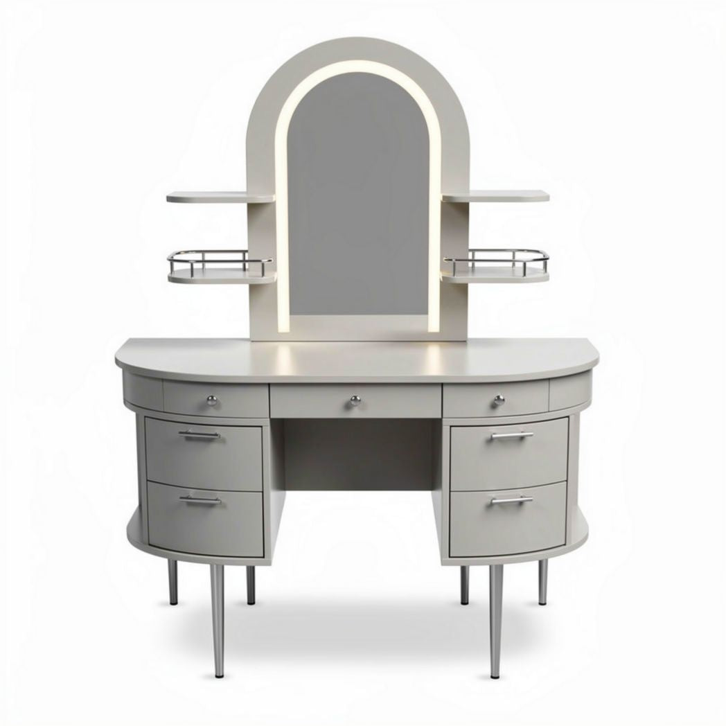 Vanity desk with LED mirror and shelves in light gray finish 120 x 50 x 160cm