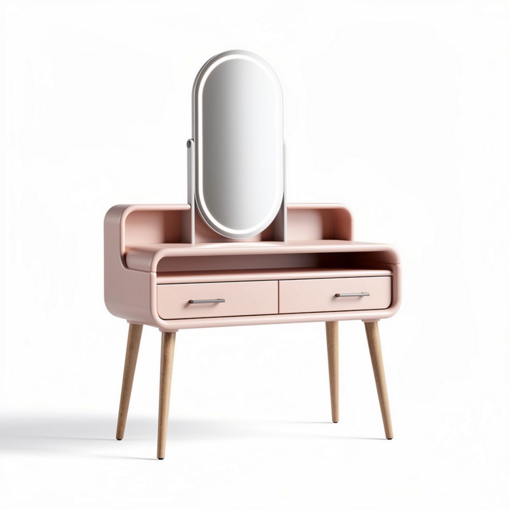 Vanity table with mirror and drawers in pink and wood finish 80 x 40 x 150cm