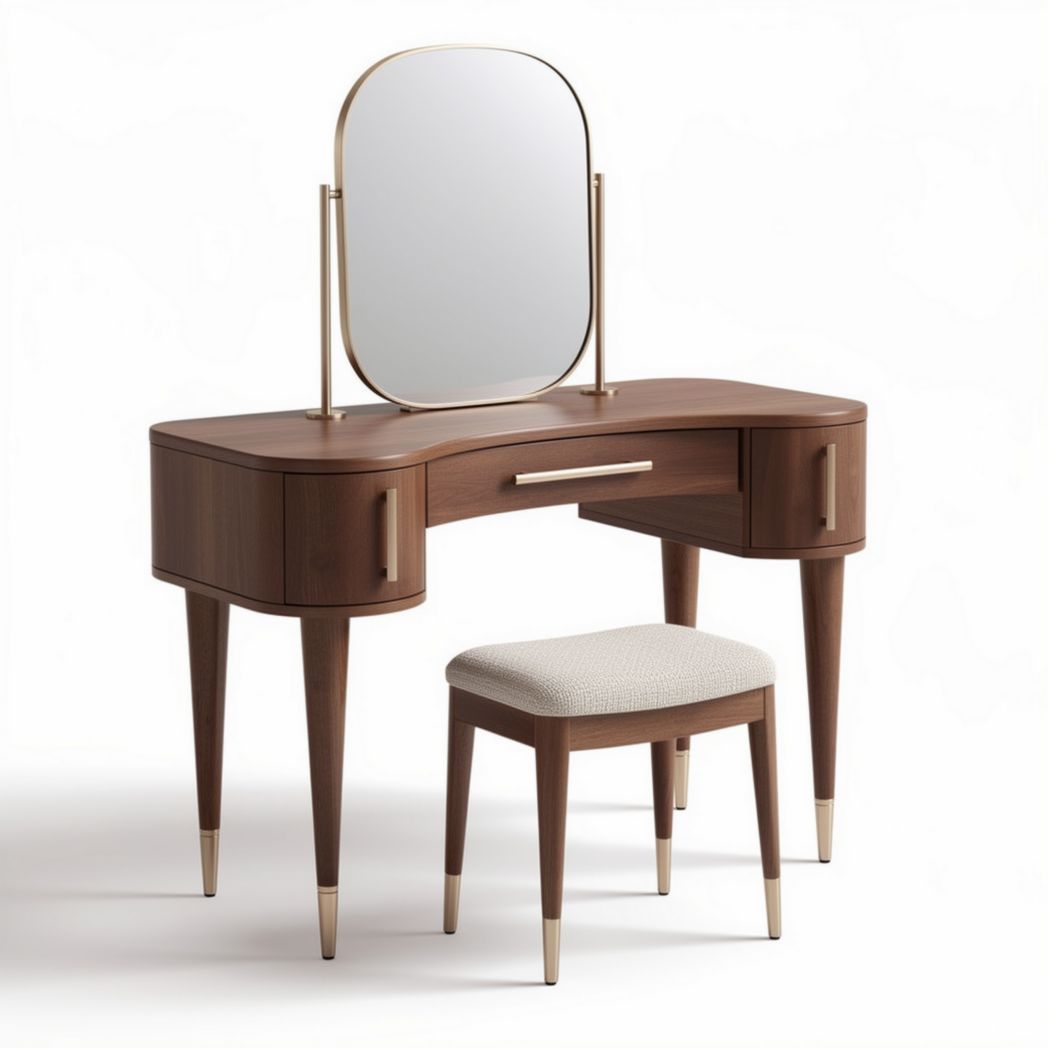Wooden vanity table with mirror and cushioned stool in walnut finish 120 x 60 x 75cm