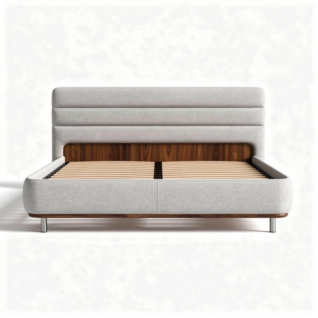 Upholstered bed frame with wooden slats and gray fabric headboard 210 x 160 x 100cm