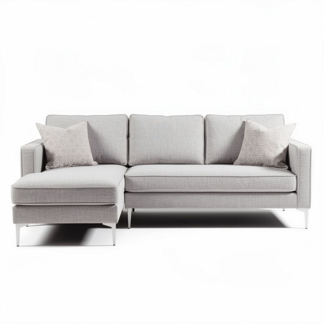 Modern sectional sofa in light gray fabric with two accent pillows 220 x 90 x 85cm