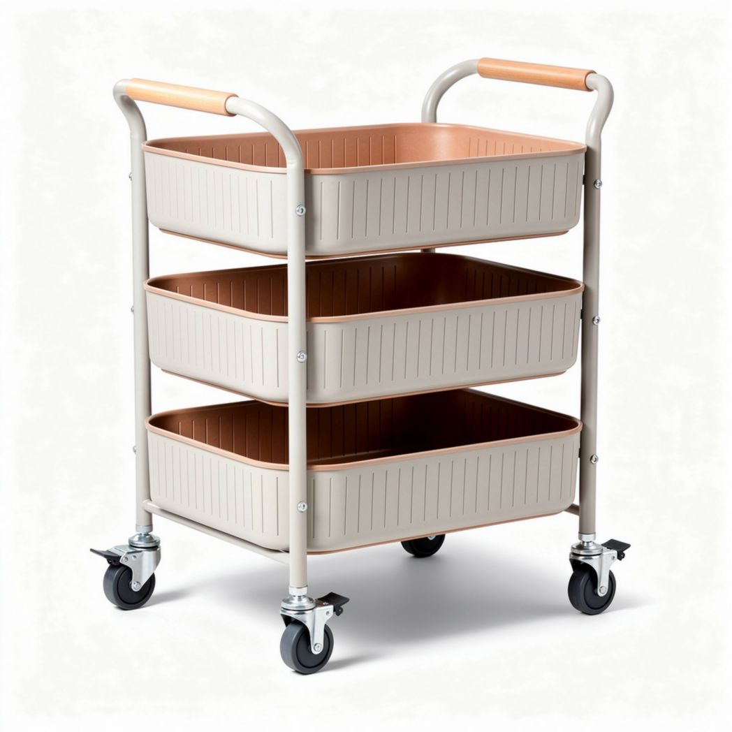 Three-tier utility cart with wheels and removable plastic bins 80 x 40 x 90cm