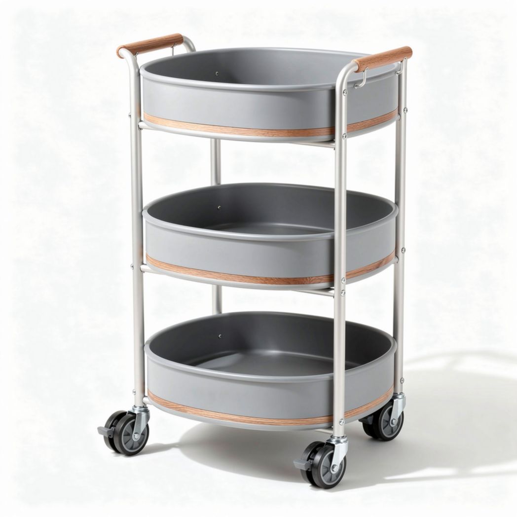Three-tier gray metal rolling cart with wooden handle 60 x 40 x 80cm