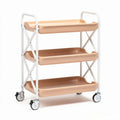 Wooden storage cart with three shelves and white metal frame on wheels 80 x 40 x 80cm
