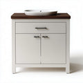 White bathroom vanity with walnut top and ceramic sink 67 x 47 x 85cm