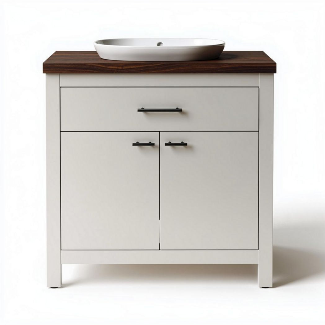 White bathroom vanity with walnut top and ceramic sink 67 x 47 x 85cm