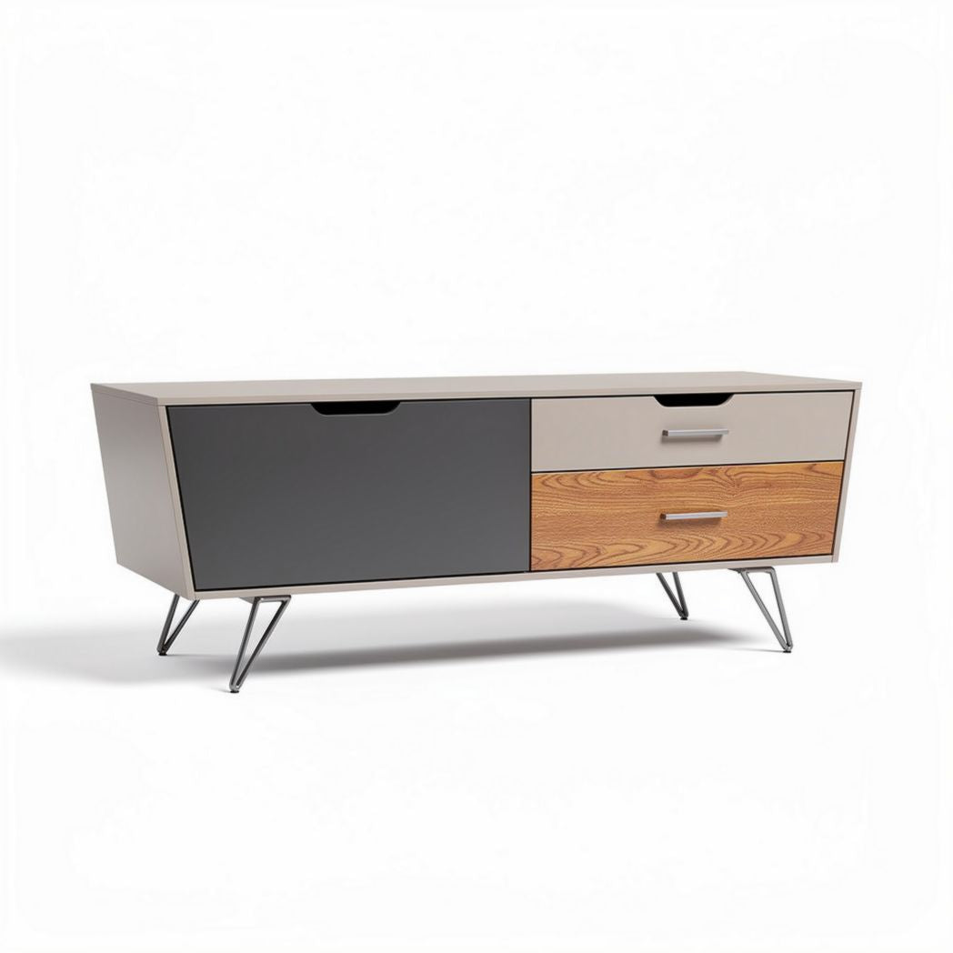 Modern wood and engineered wood media console with storage drawers 150 x 45 x 50cm